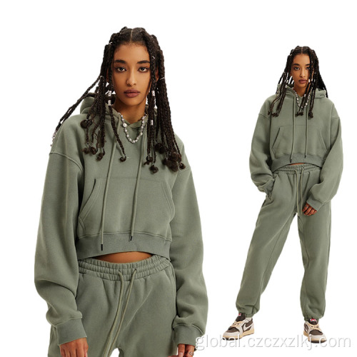 Fleece Thick Sweatpants Suit Autumn fleece thickened leaky navel hooded sweatshirt set Factory